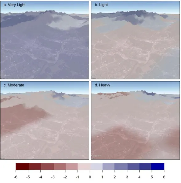 Figure 2.7: Geovisualization depicting the standardized frequency of (a.) very light, (b.) light, (c.)  moderate, and (d.) heavy precipitation events across the topographic transect