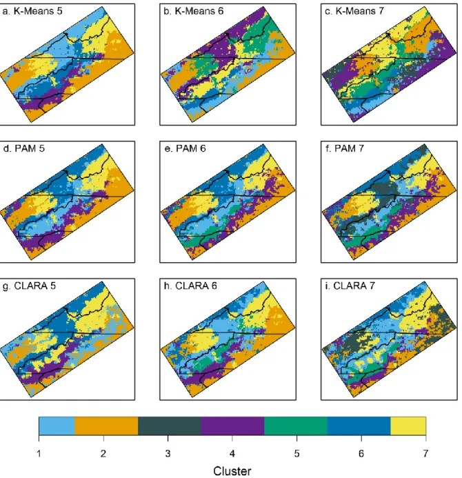 Figure 2.8: Performance comparison of clustering results with five (left column), six (center column), and  seven (right column) number of clusters