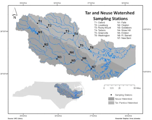 Figure 1: Map depicting the sampling stations on the Neuse and Tar-Pamlico Rivers and their  respective watersheds