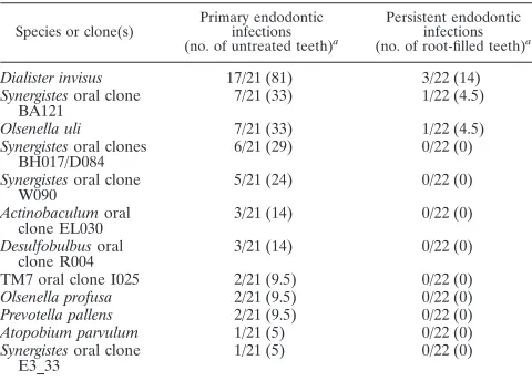 TABLE 2. Frequency of detection of novel species/phylotypes inprimary or persistent endodontic infections as revealed by 16SrRNA gene-based nested or heminested PCR