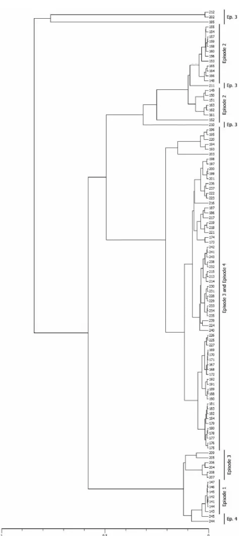 FIG. 5. Analysis of collections of clinical isolates from epidemicepisodes (Ep.). VNTR analysis of four outbreaks showed three differ-