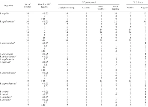TABLE 1. Results for 411 S. aureus isolates in Ox MIC, GP probe, and OLA assays