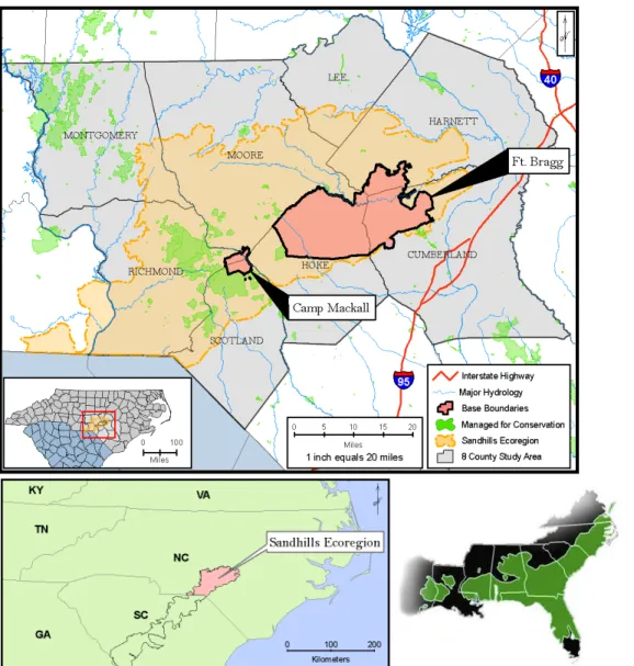 Figure 2: Sandhills 8-County Project Study Area.  The Uwharrie National Forest and Sandhills Game Lands are  the largest areas managed for conservation