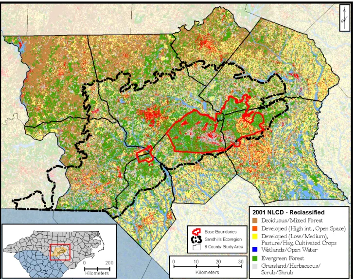 Figure 3.  2001 Land use and land cover (NLCD).  The fragmentation and loss of longleaf pine forest (Evergreen) is clearly evident as the largest contiguous  tracts remain on base