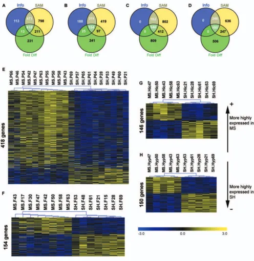 Figure 1Differential gene expression resultsDifferential gene expression results. Venn diagrams show the overlap between different gene selection criteria (Info and SAM P < 0.05 and Fold difference > 1.2) for (A) PBMC, (B) pFC, (C) Hic and (D) Hyp