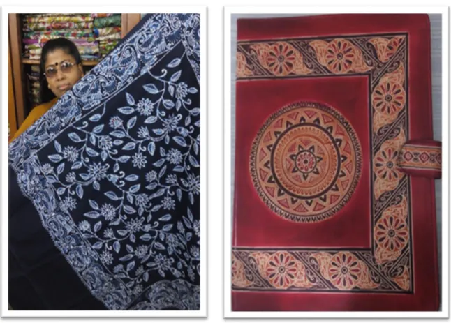 Figure 10. Above: Batik Cotton Shawl, Leather Batik Folder Below: Leather Batik Purse   Amar Kutir Society for Rural Development