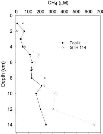 Figure 4. Representative profiles of methane in the pore waters from sediments in shallow  (GTH 114) and deep (Toolik) lakes