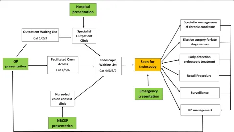 Fig. 1 Flow chart describing major patient pathways through a simulation of the endoscopic care system