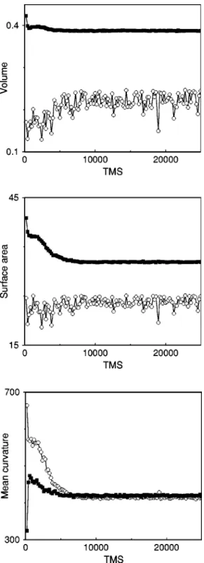 Figure 5 shows the volume, surface area, and mean cur- cur-vature for one of the polymer systems 共the solution兲 for the two different choices of the threshold
