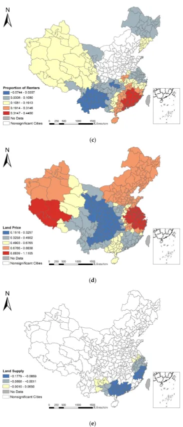 Figure 5.  (a) GWR urbanization rate (UR) parameter estimates; (b) GWR Average Wage of Urban  Employees (AWUE) parameter estimates; (c) GWR Proportion of Renters (PR) parameter estimates; 