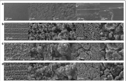 Fig. 1 Scanning electron microscopy images of Ti control (a), laser-processed titanium (LPT) produced using laser radiation at 132 J/cm2 fluence(b), LPT produced using laser radiation at 210 J/cm2 fluence (c), and LPT produced using laser radiation at 235 
