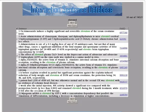 Figure 3 Returned sentences. An example of a list of sentences returned by a query for the interaction-indicating term 'elevated.' The returned re-sults show 10 sentences out of 74,527 that contain the term