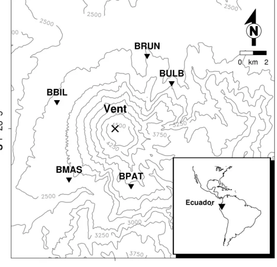 Figure 2.4: Map of Tungurahua volcano with the station geometry.