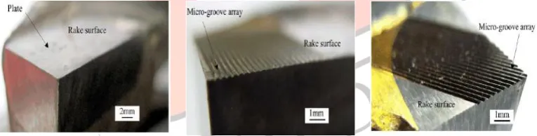 Fig. 19 Three tools with different rake surface features a) Traditional plate tool b) Orthogonal micro grooved tool and c) Diagonal micro-grooved tool[16]