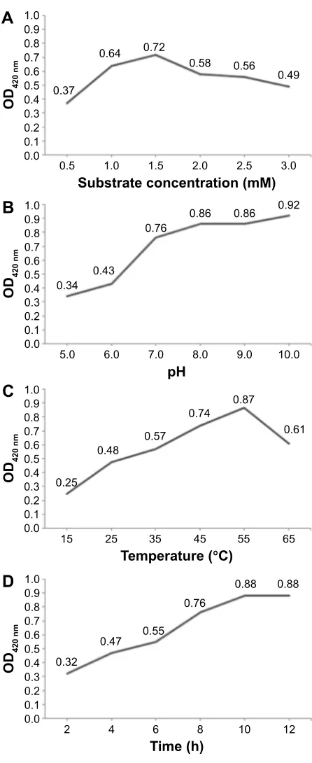 Figure 6 Optimization of reaction conditions of biosynthesis of agNPs.Notes: effect of (A) substrate concentration, (B) ph, (C) temperature, and (D) time on agNP biosynthesis by the reduction of agNO3 solution with the cell filtrate of Arthroderma fulvum.Abbreviations: agNPs, silver nanoparticles; OD, optical density; h, hours.