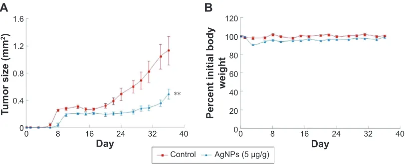 Figure 6 effects of ip administration of agNPs on the progression and growth of h1299 tumors.Notes: (A) growth curve of h1299 tumors in each group
