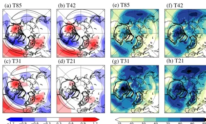 Figure 1. (a–d) Summer (JJA) 500 hPa eddy stream function (m2 s−1) (shading; zonal mean removed) and zonal wind (m s−1) (contours;10 m s−1 intervals starting at 20 m s−1); (e–h) vertically integrated (total) cloudiness (%)