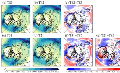 Figure 3. Cumulative sum of precipitation (liquid + solid) over the year (total annual amount) (mm year−1) from the different resolutionatmospheric climatologies