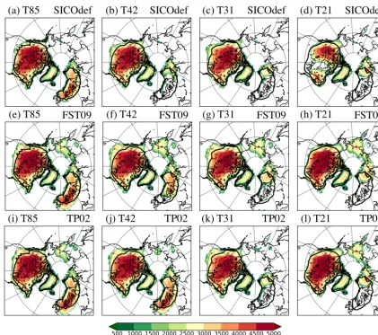 Figure 4. Equilibrium ice thickness (m) when using different ablation parameterizations in the surface mass balance scheme: (method in SICOPOLIS; (climatologies from the (a–d) defaulte–h) method by Fausto et al