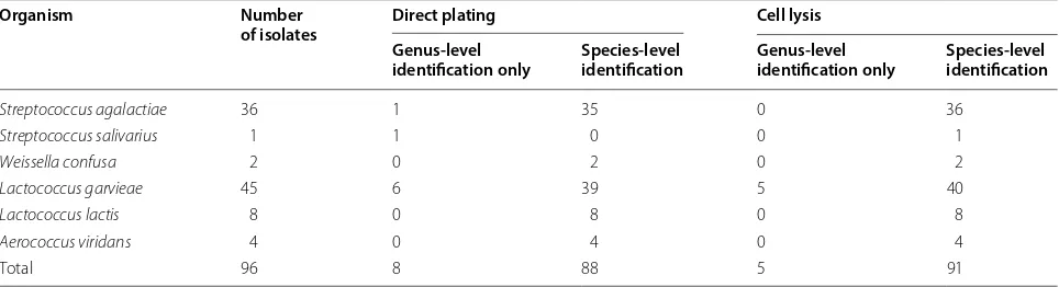 Table 1 MALDI-TOF MS identification of  Streptococci, Lactococci, Weisella and  Aerococci to  genus- and  species-level by direct plating and cell lysis preparatory method