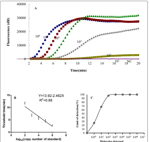 Fig. 1 Performance of the ORFV exo RPA assay. a Amplification curve of ORFV exo RPA assay over time using a dilution range of 106 to 101copies/reaction of ORFV