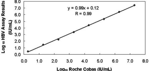 FIG. 2. Clinical linear dynamic range of the HBV real-time PCR assay. These data were obtained using a 7-logHBV genotype A plasma specimen in eight independent experiments