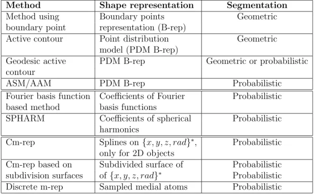 Table 2.1: Categorization of deformable model methods. ∗ rad indicates a radius scalar field on the 3D surface {x, y, z}