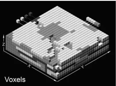 Figure 2.7: Example of a voxel data structure. A solid is modeled using identically-sized  cubes thus preserving a uniform resolution throughout (Tschauner and Siveroni Salinas,  2007, 282, figure 12)