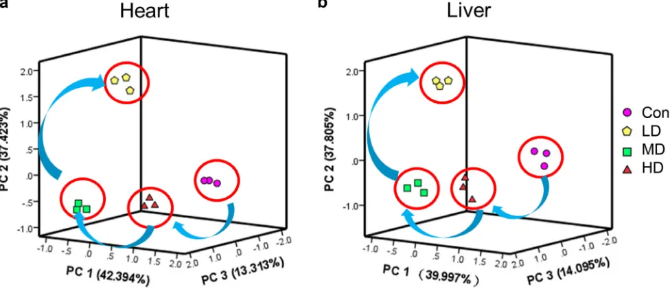 Figure 5: PCA of ionic homeostatic regulation after treated with atrazine. PCA score plot results comparing biochemical parameters of 4 treatment groups