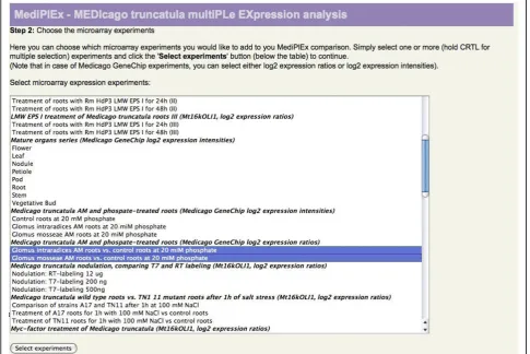 Figure 2 Microarray selection. The screenshot shows the selection of microarray experiments (oligonucleotide and GeneChip®) to becombined to the EST expression analysis