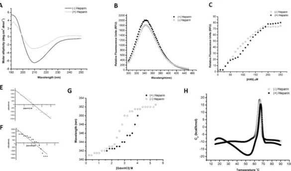 Figure 3.  Effect of heparin on the conformation and stability of hIL12. (A) Overlay of the far-UV CD spectra  (190 nm–250 nm) of hIL-12, in the absence (solid black) and presence (solid gray) of heparin