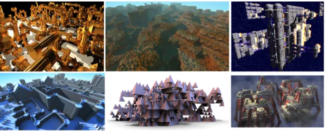Figure 1.7: Examples of the wide variety of shapes that our model synthesis algorithm can generate including machinery, landscapes, spaceships, castles, fractals, and oil  plat-forms.