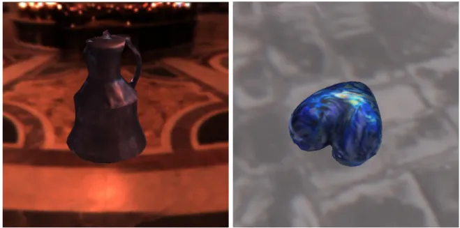 Figure 1.5: Left: pitcher model in St. Peter’s light probe. Right: heart model in Uffizi light probe.