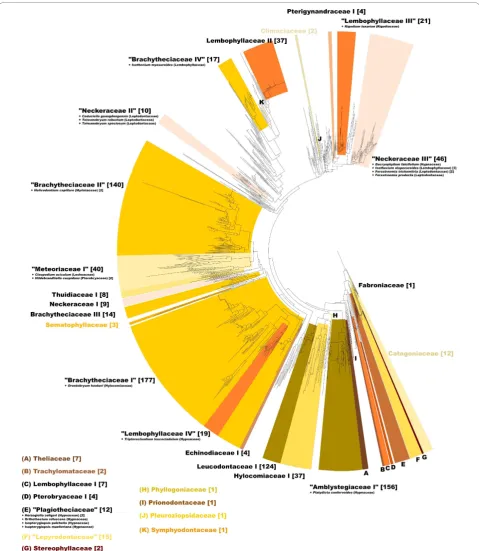 Figure 2 Neighbor-Joining tree of 1,634 hypnalean sequence-structure pairsspread in the non-monophyletic (uncolored) areas of the tree