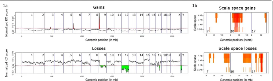 Figure 2 shows the visual output of the comparative analysis of KC-SMARTR, run on the breast cancer aCGH dataset from Chin [5]comparing the HER2-positive group (red) to the HER2-negative group (black)