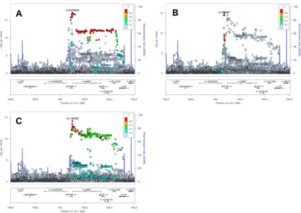 Figure 3.  Locus zoom plots of the ATP1B1 gene region providing p-values from the primary (A) and  conditional analyses (B,C)