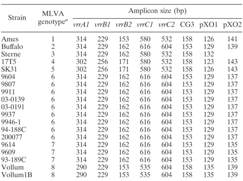 TABLE 5. MLVA typing results at eight loci for19 B. anthracis strains