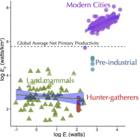 Figure 2.  Population energy flux (E p ) as a function of individual energy use (E i ) for human populations  (circles) and other land mammals (triangles)