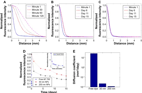 Figure 5 Example in vivo fluorescence image sequence of Cy7.5 spacers.Notes: (A) White light image of a mouse with red arrows indicating the location of the implanted spacers, (B) normalized fluorescence image, (C) normalized fluorescence image overlaid on white light image at minute 1, and (D) overlaid fluorescence image acquired on day 15 after dissection of spacer from the mouse.Abbreviation: cy7.5, cyanine 7.5.