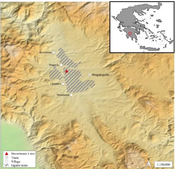 Figure 1: the location of the Megalopolis basin and the site MAR-1 (after Panagopoulou et al