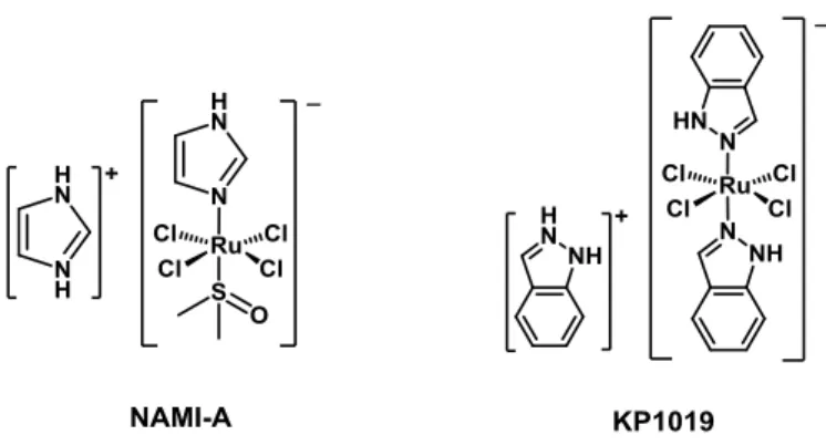 Figure 1.13. Chemical structures of anticancer ruthenium complexes NAMI-A and KP1019. 