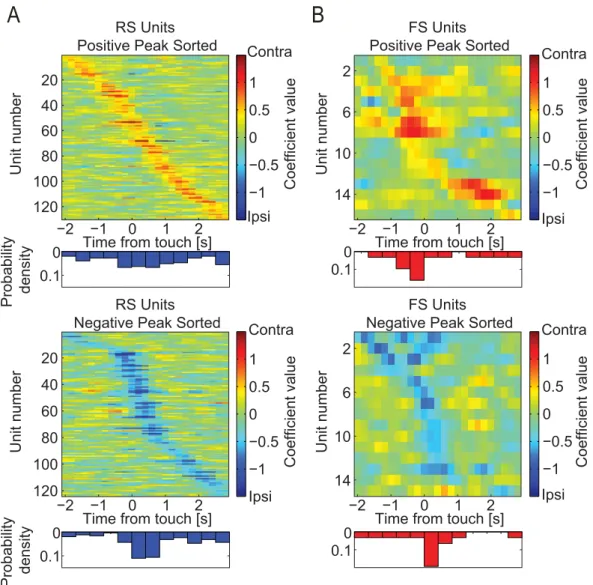 Figure 6.  Coefficient time-series of location preference. (A) Heat maps and corresponding probability  density functions of regression coefficient time-series extracted from the linear model for populations of RS  units with CS+  location preference