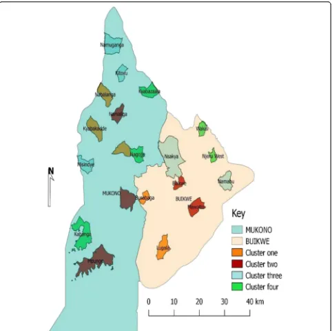 Fig. 2 Map of Mukono and Buikwe showing selected parishes for the stepped wedge study