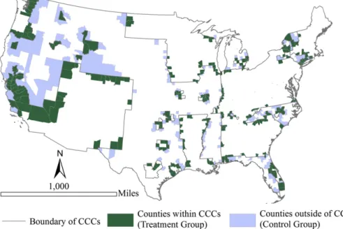 Fig. 2. Distribution of counties in treatment and control groups in the study. Only counties that are at the border of the CCCs are considered