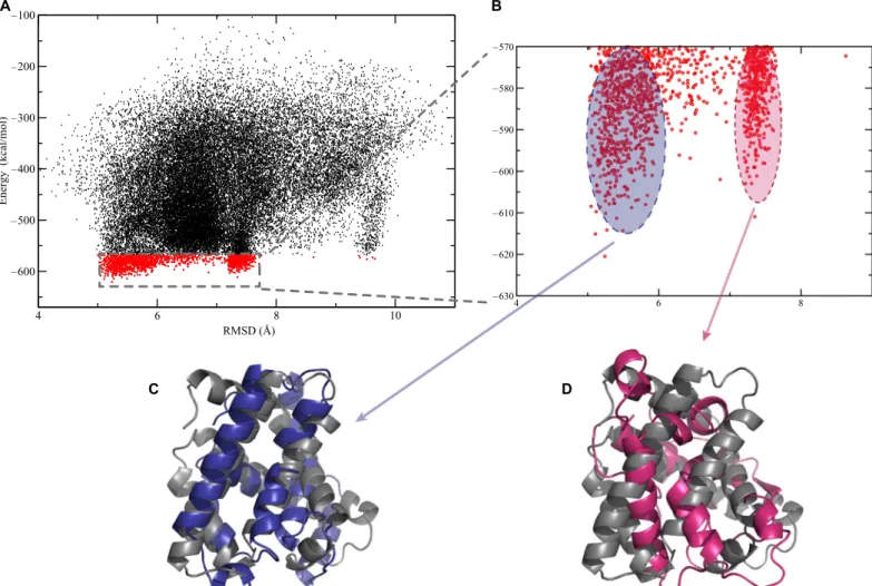 Fig. 3. CL-DMD modeling of Mb. (A) Scatter plot of the Medusa force field energy versus RMSD from x-ray structure obtained from simulation of Mb with external experimental short-distance cross-linking constraints
