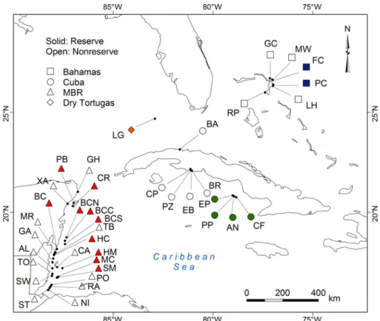 Fig. 4. Distribution of survey locations. For site abbreviations, survey dates, coordinates, and protection level, refer to table S2