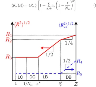 Fig. 3. Size of combs and bottlebrushes in different regimes. With increasing grafting density, the dimensions of both backbone 〈R 2 〉 1/2 (red solid line) and side chain