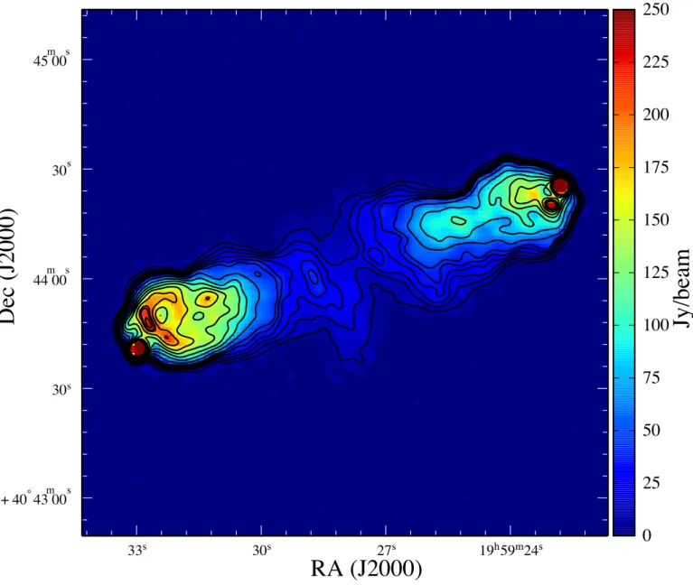 Fig. 9. Colour scale: reconstructed 512 × 512 image of Cygnus A at 151 MHz (with resolution 2.8 00 and a pixel size of 1 00 )