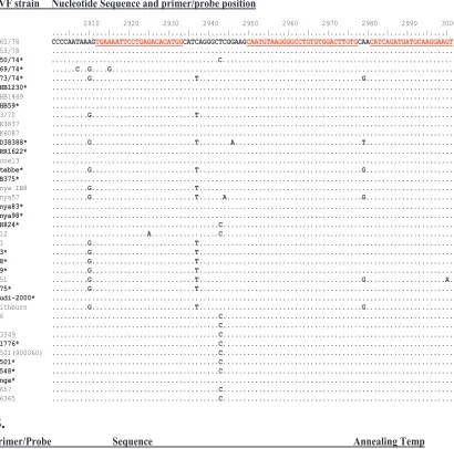 FIG. 1. (A) Alignment of nucleotides 2900 to 3001 of RVF virus L segments from 40 different virus strains