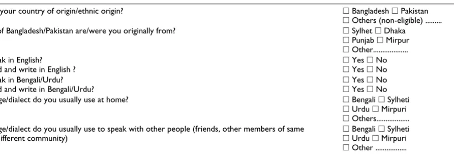 Table 1: Screening questions pertaining to ethnicity and language/literacy.